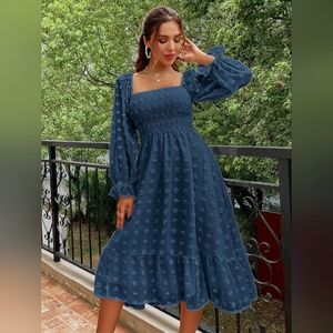 NWT Simplee Dusty Navy Smocked Square-Neck Long Sleeve Midi Dress
